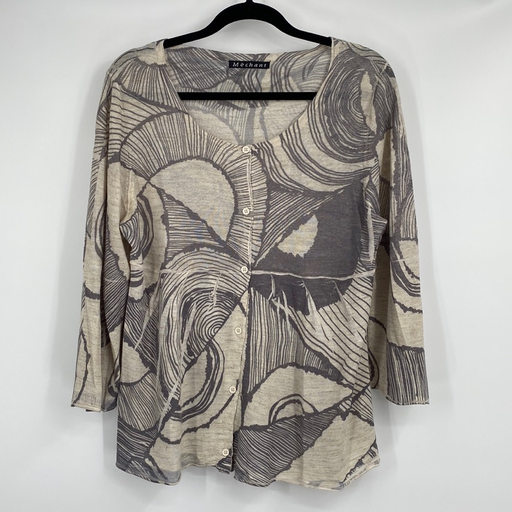 Vintage Mechant Abstract Print Cream and Grey Button Up Knit Cardigan